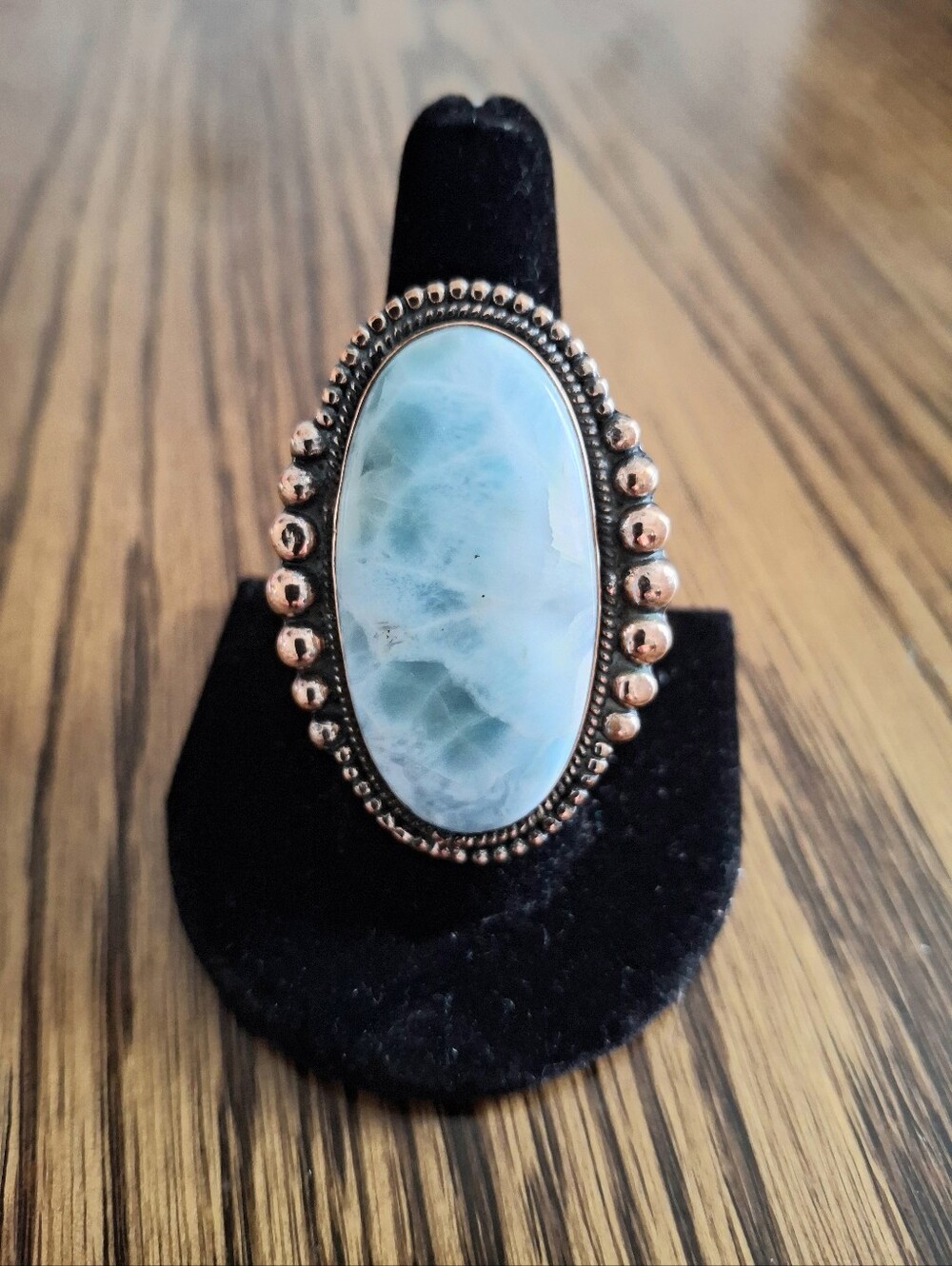 Larimar Statement Ring Large Oval Natural Stone On Copper Adjustable 6-12